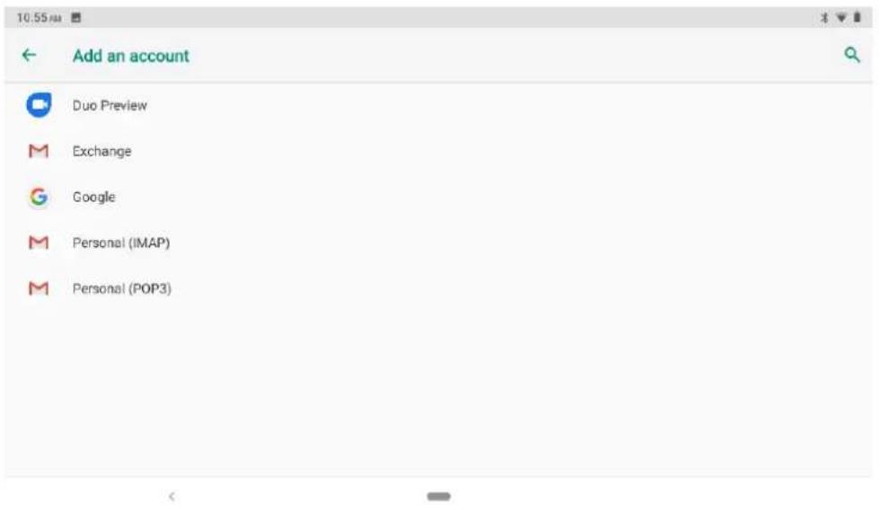 10:55 AM Add an account Duo Preview Exchange Google Personal (IMAP) Personal (POP3)