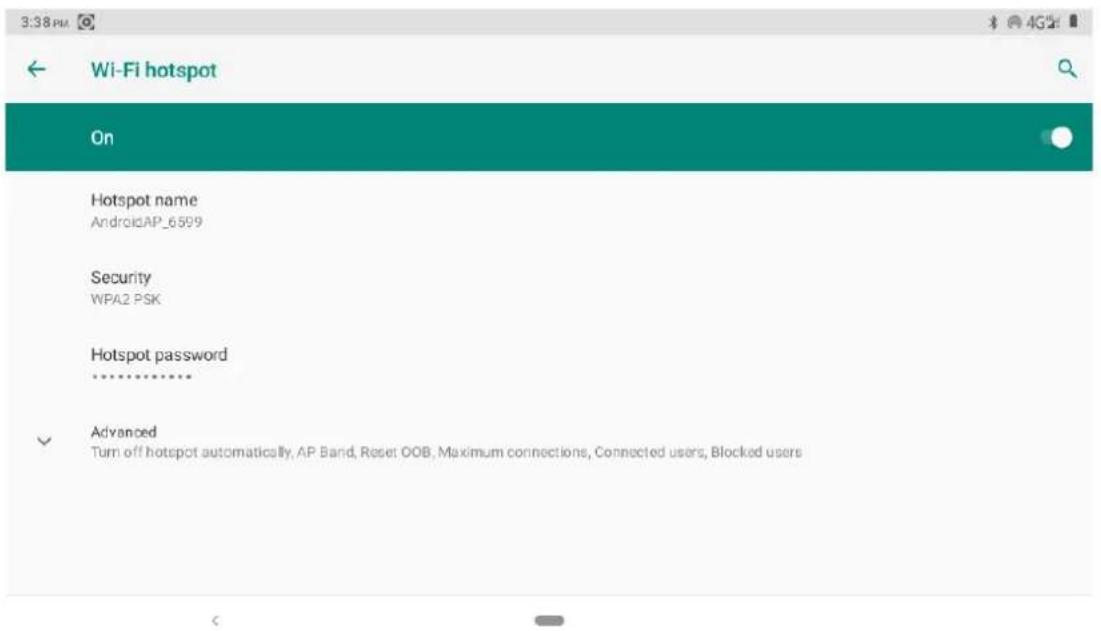3:38 PM Wi-Fi hotspot On Hotspot name AndroidAP_6599 Security WPA2 PSK Hotspot password ****** Advanced Turn off hotspot automatically, AP Band, Reset OOB, Maximum connections, Connected users, Blocked users