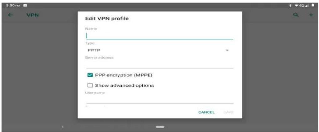 Edit VPN profile Name Type PPTP Server address ✓ PPP encryption (MPPE) □ Show advanced options Username CANCEL SAVE