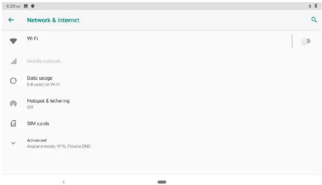 6:20 AM Network & internet Wi-Fi Mobile network Data usage 0 B used on Wi-Fi Hotspot & tethering Off SIM cards Advanced Airplane mode, VPN, Private DNS