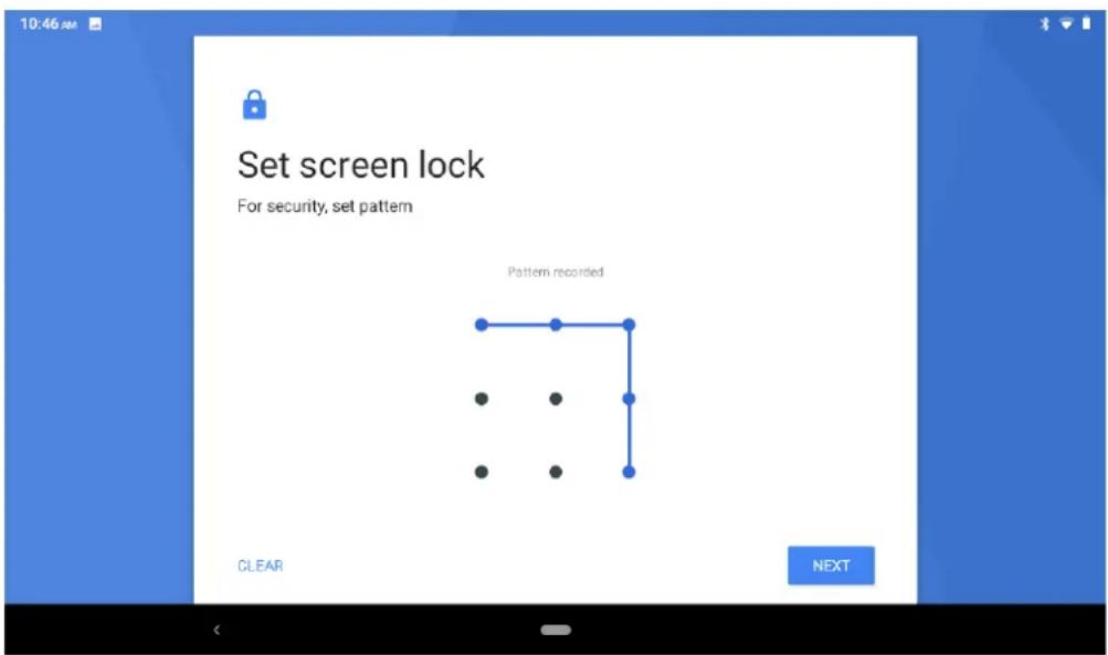 10:46 AM Set screen lock For security, set pattern Pattern recorded CLEAR NEXT