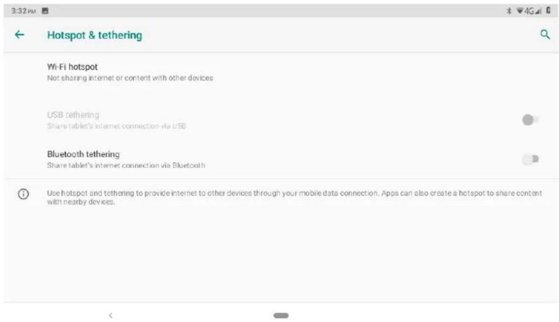 Hotspot & tethering Wi-Fi hotspot Not sharing internet or content with other devices USB tethering Share tablet's Internet connection via USB Bluetooth tethering Share tablet's Internet connection via Bluetooth Use hotspot and tethering to provide internet to other devices through your mobile data c…
