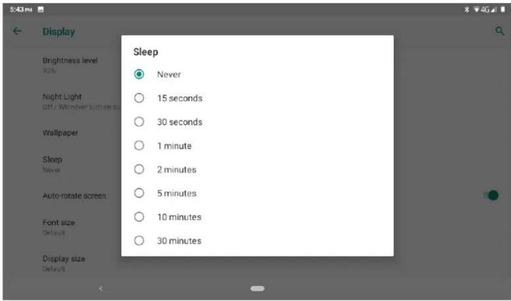 Sleep ● Never ○ 15 seconds ○ 30 seconds ○ 1 minute ○ 2 minutes ○ 5 minutes ○ 10 minutes ○ 30 minutes