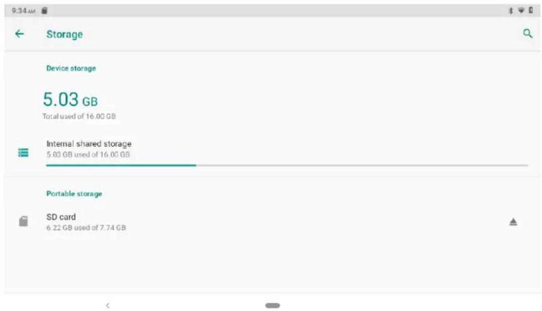 9:34 AM Storage Device storage 5.03 GB Total used of 16.00 GB Internal shared storage 5.03 GB used of 16.00 GB Portable storage SD card 6.22 GB used of 7.74 GB