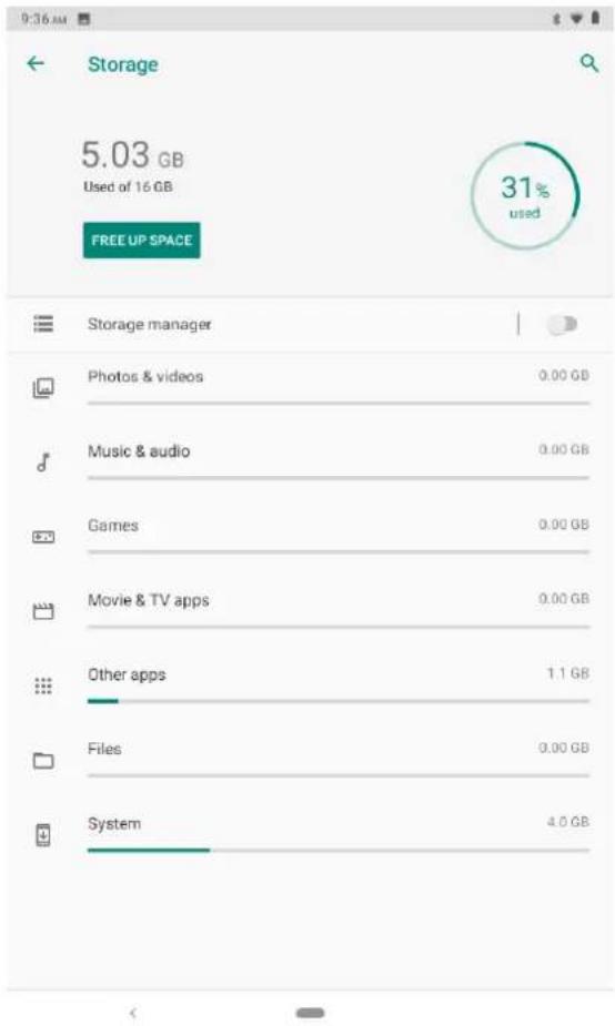 Storage 5.03 GB Used of 16 GB FREE UP SPACE 31% used Storage manager Photos & videos 0.00 GB Music & audio 0.00 GB Games 0.00 GB Movie & TV apps 0.00 GB Other apps 1.1 GB Files 0.00 GB System 4.0 GB