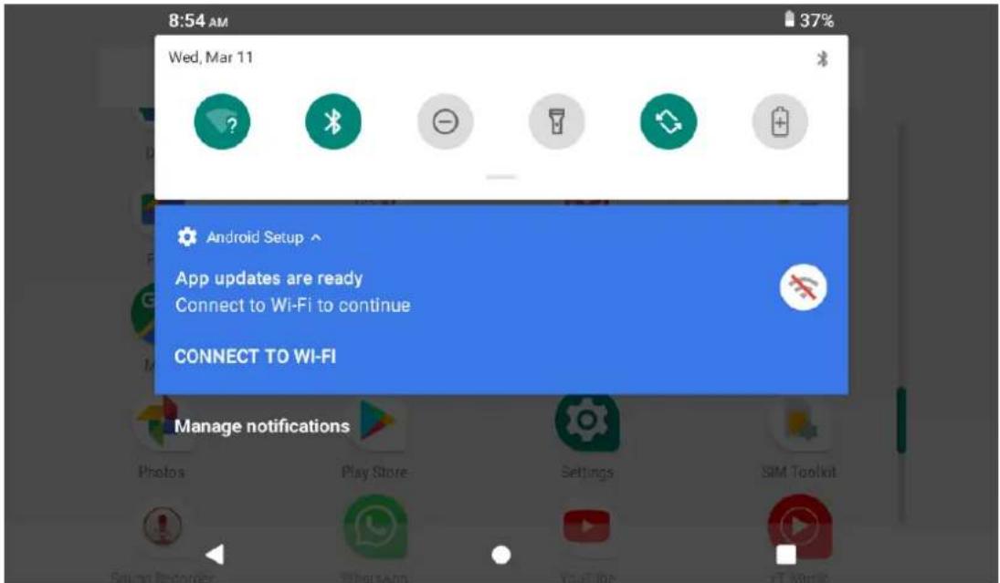 8:54 AM Wed, Mar 11 Android Setup ^ App updates are ready Connect to Wi-Fi to continue CONNECT TO WI-FI Manage notifications Photos Play Store Settings SIM Toolkit Smart Recorder Webpage You're ST Match