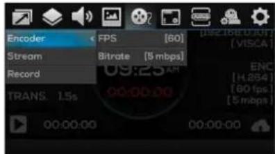 Encoder Stream Record TRANS. 1.5s FPS [60] Bitrate [5 mbps] 09:25 AM 00:00:00 00:00:00 [182.168.01] (VISCA) ENC [H.264] [60 fps] [5 mbps]