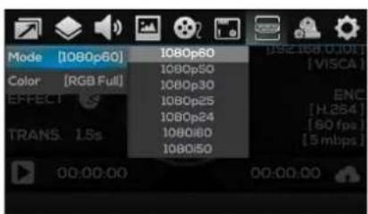 Mode [1080p60] Color [RGB Full] EFFECT TRANS. 1.5s 1080p60 1080p50 1080p30 1080p25 1080p24 1080i80 1080i50 1082.16A [1.01] [VISCA] ENC [H:254] [60 fps] [5 mbps]