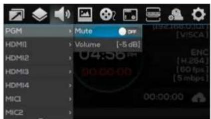 PGM HDMI1 HDMI2 HDMI3 HDMI4 MIC1 MIC2 Mute Volume [~5 dB] 04:56 PM 00:00:00 00:00:00 [192.108,010] [VISCA] ENC [1.284] [60 fps] [5 mbps]