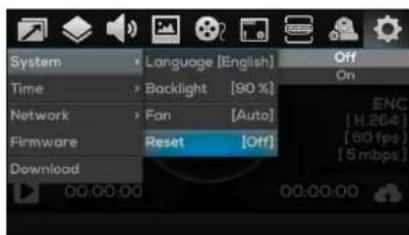 System Language [English] Off Time > Backlight [90%] Network Fan [Auto] Firmware Reset [Off] Download 00:00:00 00:00:00 On ENC [H.264] [60 fps] [5 mbps]