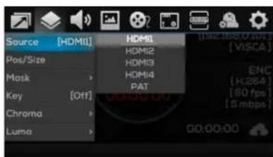 Source [HDMI] Pos/Size Mask Key [Off] Chroma Luma HDMI1 HDMI2 HDMI3 HDMI4 PAT [56.186.01] [ VISCA ] ENC [ H.264 ] [ 60 fps ] [ 5 mbps ] 00:00:00