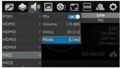 PGM HDMI1 HDMI2 HDMI3 HDMI4 MIC1 MIC2 Mix Volume [~5 dB] Delay [0.0 s] Mode [Line] Line Mic ENC [H:264] [60 fps] [5 mbps] 00:00:00