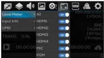 Level Meter Input Info UMD TRANS. 0.5s 00:00:00 All HDMI1 HDMI2 HDMI3 HDMI4 MIC PGM [92]88.001 [ VISCA ] ENC [ H.264 ] [ 60 fps ] [ 5mbps ]