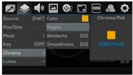 Source [PAT] Color Pos/Size Region Mask > Similarity [10] Key [Off] Smoothness [10] Chroma Luma Chroma Pick (235.174.0)