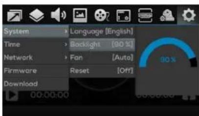 System > Language [English] Time > Backlight [90%] Network > Fan [Auto] Firmware Reset [Off] Download 00:00:00
