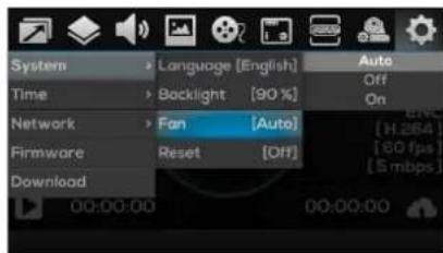 System Language [English] Time Backlight [90%] Network Fan [Auto] Firmware Reset [Off] Download Auto Off On [H.264] [60 fps] [5 mbps]