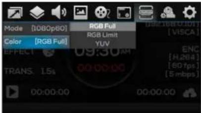 Mode [1080p60] RGB Full Color [RGB Full] RGB Limit YUV TRANS: 1.5s 09:30 AM ENC [H.264] [60 fps] [5 mbps]