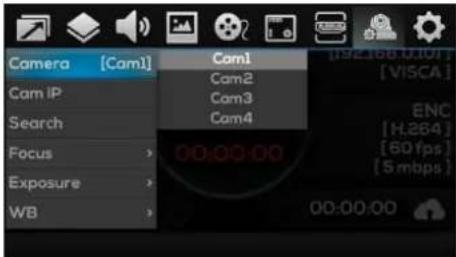 Camera [Cam1] Cam IP Search Focus Exposure WB Com1 Com2 Com3 Com4 00:00:00 00:00:00 [192.188 U101] [VISCA] ENC [H.264] [60 fps] [5 mbps]