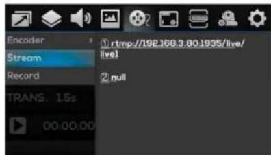Encoder Stream Record TRANS: 1.5s 00:00:00 ① rtmp://192.169.3.80.1935/live/ live1 ② null