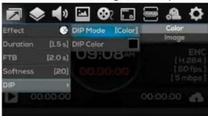 Effect Duration [1.5 s] FTB [2.0 s] Softness [20] DIP DIP Mode [Color] DIP Color 09:08 AM 00:00:00 00:00:00 Color Image ENC [H.284] [60 fps] [5 mbps]