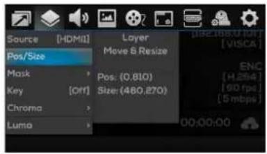Source [HDMI] Pos/Size Mask Key [OFF] Chrome Luma Layer Move & Resize Pos: (0.810) Size: (460,270) ENC [H 254] [90 fps] [5 mbps] 00:00:00