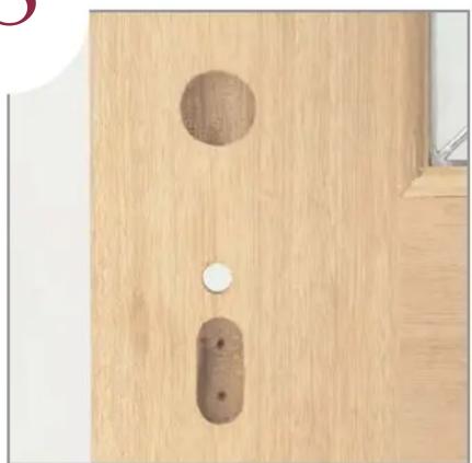 Wooden door panel with two circular cutouts and two oval cutouts, no text or symbols visible