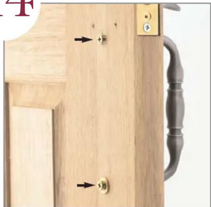 Close-up of a wooden door handle with two gold buttons and black handles, no visible text or symbols
