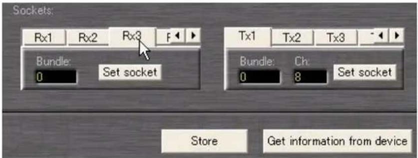Sockets: Rx1 Rx2 Rx3 F Bundle: Set socket Tx1 Tx2 Tx3 Bundle: Ch: Set socket Store Get information from device
