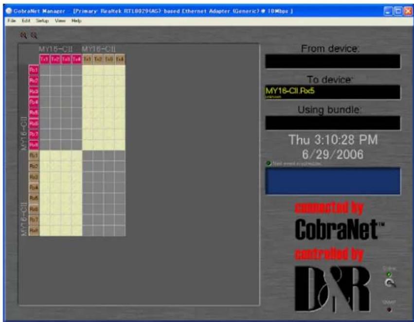 CobraNet Manager [Primary Realtek RT1(0029(AG)-based Ethernet Adapter (Generic) • 10Mbps] File Edit Setup View Help MY16-CII MY16-CII To device: MY16-CII Rx5 Using bundle: Thu 3:10:28 PM 6/29/2006 Connected by CobraNet™ controlled by DR