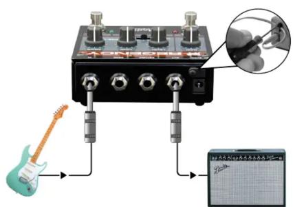 Diagram showing audio amplifier connected to a guitar via a switch, with an inset close-up of the instrument's cable being inserted.