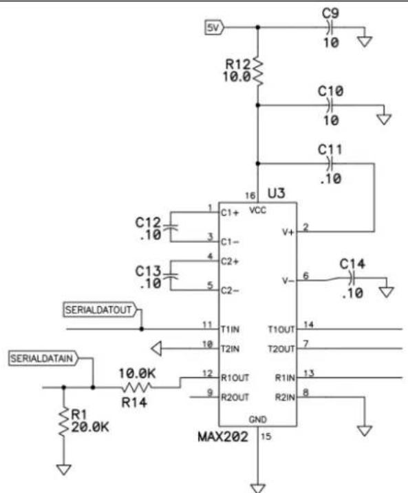 5V R12 10.0 C9 10 C10 10 C11 .10 U3 16 C1+ VCC 1 C12 .10 3 C1- 4 C2+ 5 C2- 11 T1IN 10 T2IN 12 R1OUT 9 R2OUT GND MAX202 15 C14 .10 SERIALDATOUT SERIALDATAIN R1 20.0K 10.0K R14