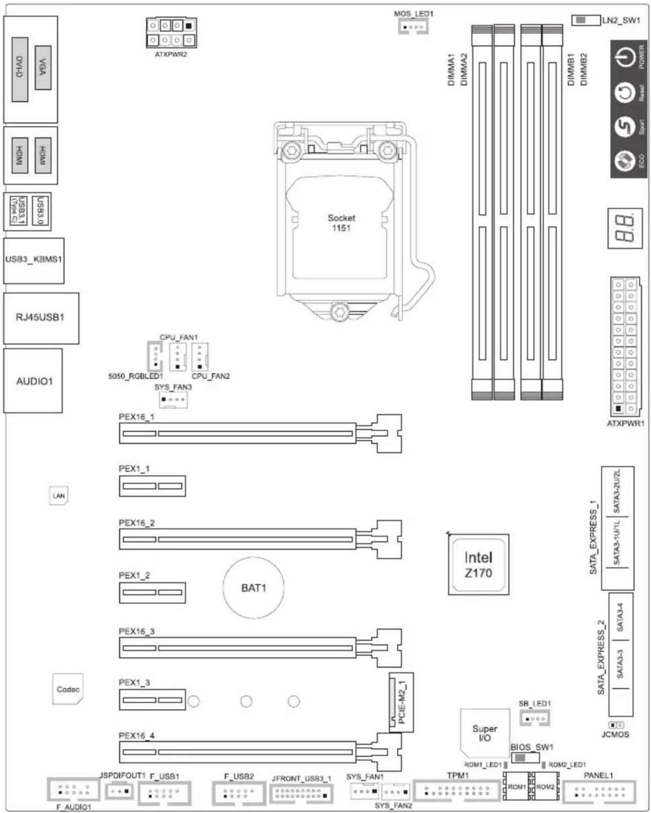 ATXPWR2 MOS_LED1 DN2_SW1 DIMMA1 DIMMA2 DIMMB1 DIMMB2 POWER Reset Sport ECO USB3_KBMS1 Socket 1151 CPU_FAN1 CPU_FAN2 5050_RGBLED1 SYS_FAN3 ATXPWR1 ATXPWR1 PEX16_1 PEX1_1 PEX16_2 PEX1_2 BAT1 Intel Z170 SATA_EXPRESS_1 SATA3-2U/2L SATA3-1U/1L SATA3-4 SATA_EXPRESS_2 SATA3-3 JCMOS Super I/O BIOS_SW1 ROM1_LED1 ROM2_LED1 JSPDIFOUT1 F_USB1 F_USB2 JFRONT_USB3_1 SYS_FAN1 TPM1 ROM1 ROM2 PANEL1 F_AUDIO1 SYS_FAN2 JSPDIFOUT1 F_USB1 F_USB2 JFRONT_USB3_1 SYS_FAN1 F_AUDIO1 SYS_FAN2