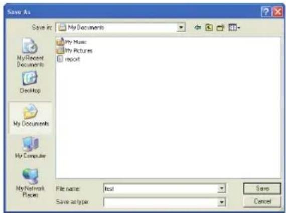 Saw As Save in: My Documents My Music My Pictures report MyRecent Documents Desktop My Documents My Computer My Network Places File name: test Save as type: Save Cancel