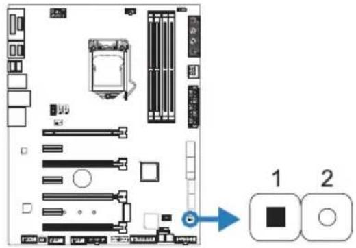 Diagram of a computer motherboard with labeled components and an arrow pointing to two labeled buttons (1 and 2).