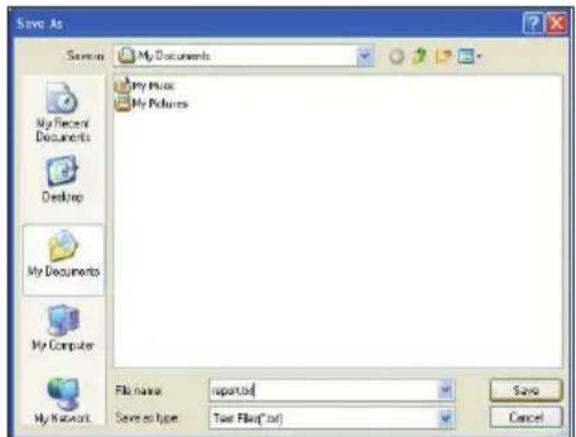 Save As Screen My Documents My Music My Pictures My Recent Documents Desktop My Documents My Computer My Network File name: report.txt Save as type: Text File(*.txt) Save Cancel