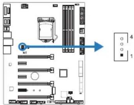 Diagram of a computer motherboard with labeled components and directional arrow indicating data flow or connection