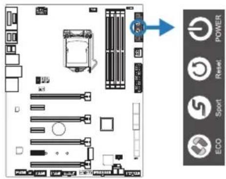 Diagram of a computer motherboard with labeled buttons and icons including POWER, Reset, Sport, and ECO