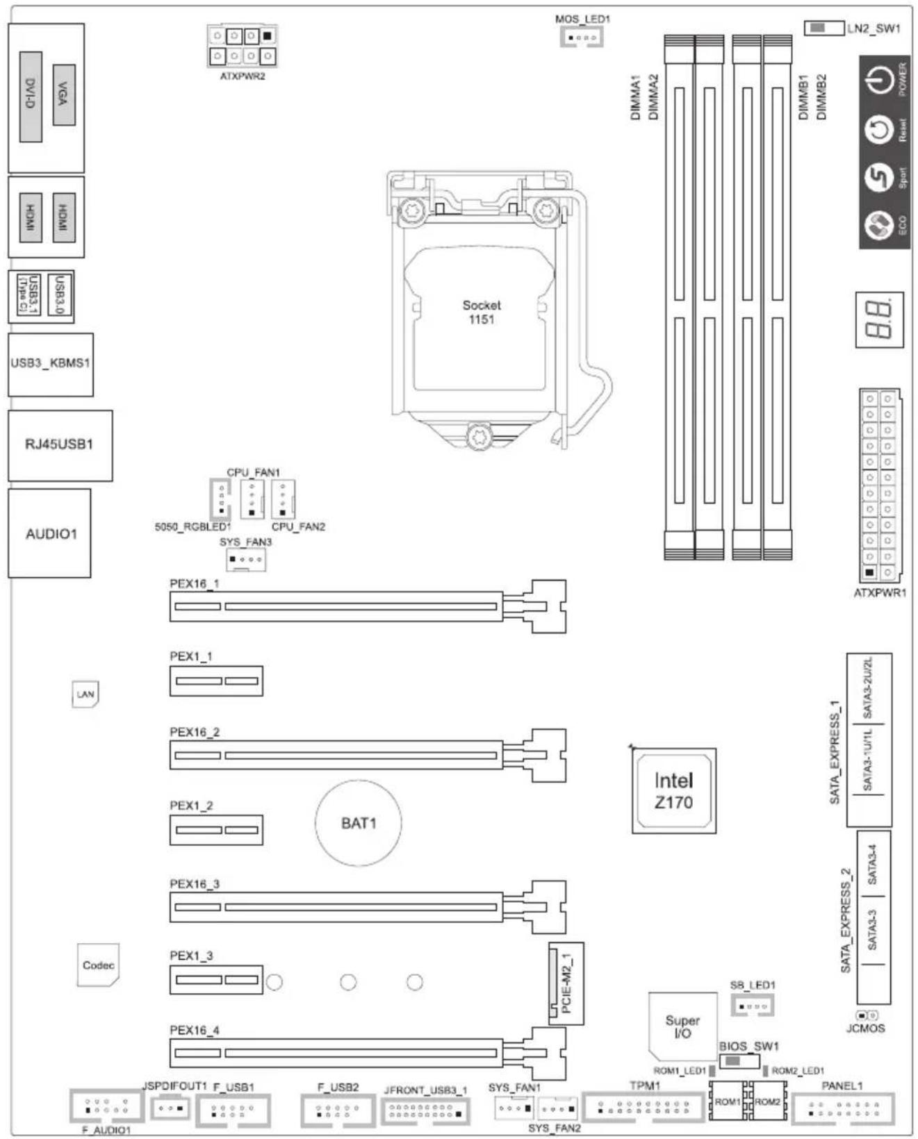 ATXPWR2 MOS_LED1 LN2_SW1 DIMMA1 DIMMA2 DIMMB1 DIMMB2 POWER Reset Sport ECO USB3_KBMS1 Socket 1151 CPU_FAN1 CPU_FAN2 5050_RGBLED1 SYS_FAN3 ATXPWR1 AUDIO1 PEX16_1 PEX1_1 PEX16_2 PEX1_2 BAT1 Intel Z170 SATA_EXPRESS_1 SATA3-2U/1L SATA3-4 SATAEXPRESS_2 SATA3-3 JCMOS Super I/O BIOS_SW1 ROM1_LED1 ROM2_LED1 JSPDIFOUT1 F_USB1 F_USB2 JFRONT_USB3_1 SYS_FAN1 TPM1 ROM1 ROM2 PANEL1 F_AUDIO1 SYS_FAN2