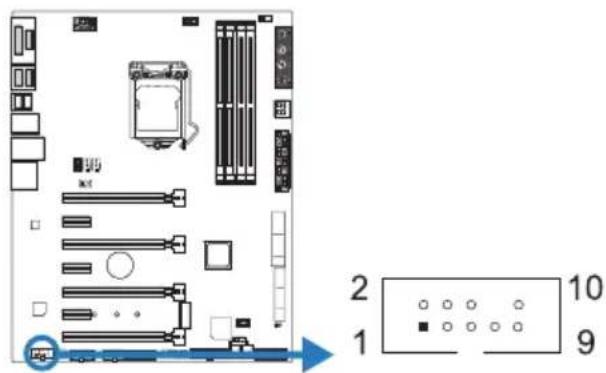 Diagram of a computer motherboard with labeled components and numbered parts, including a highlighted component and a control panel.