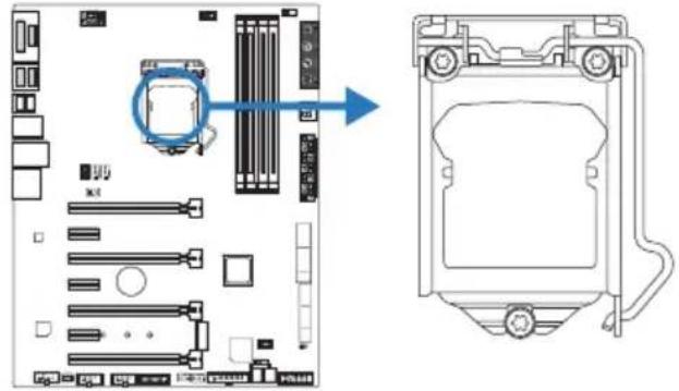 Diagram showing computer motherboard layout with labeled components and a magnified view of the internal structure.