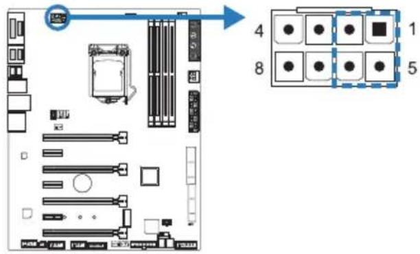 Diagram of a computer motherboard layout with labeled components and a corresponding diagram showing 8 numbered compartments.