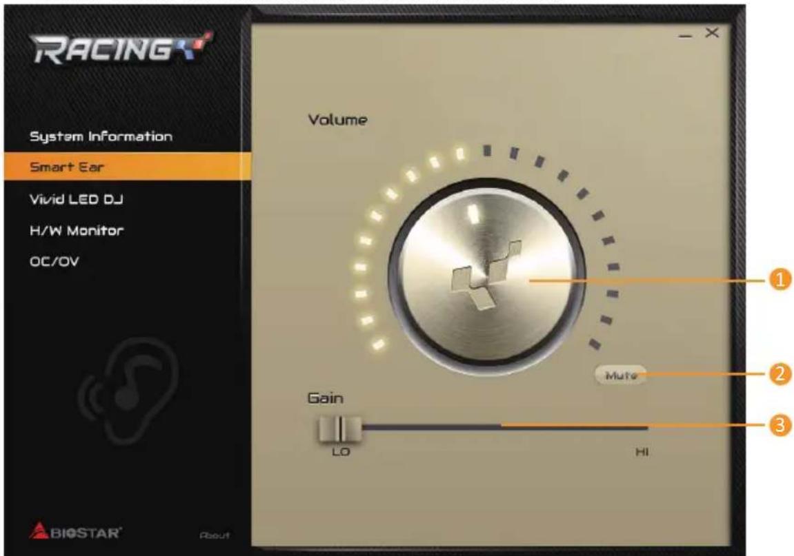 RACING System Information Smart Ear Vivid LED DJ H/W Monitor OC/OV Volume Gain LO HI Mute 1 2 3 BIOSTAR® About
