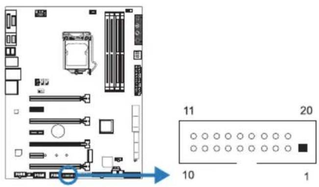 Diagram of a computer motherboard with labeled components and a corresponding schematic showing pin layout and numbered slots.