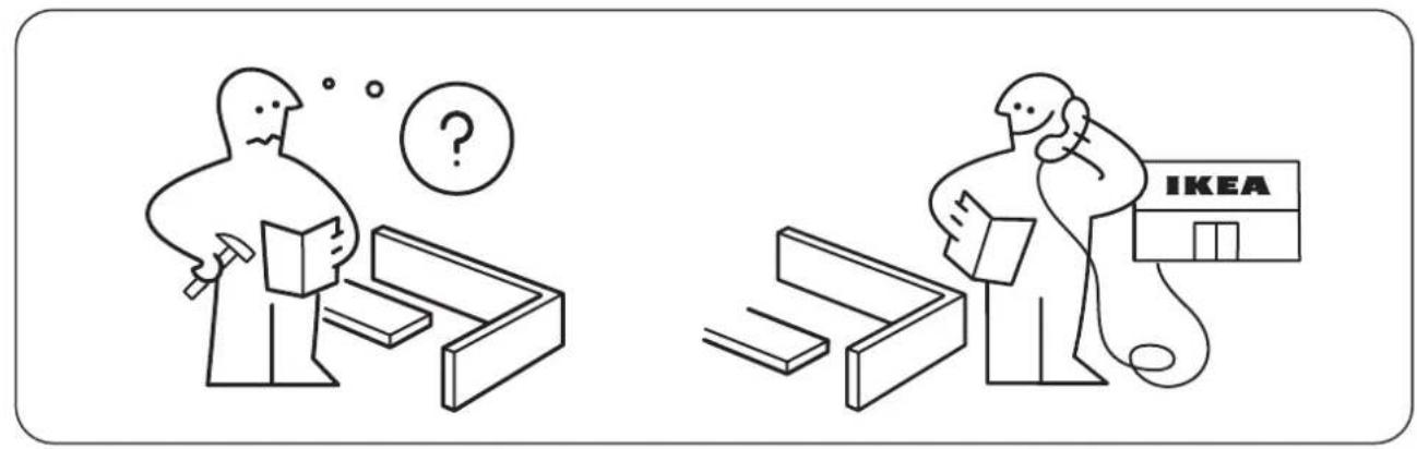 Illustration showing two scenes: one with a person examining a desk and another with a person holding a phone and a IKEA store, both expressing confusion or curiosity.