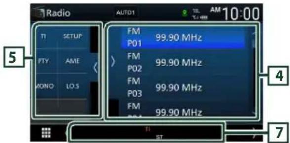 Radio AUTO1 TIL AM 10:00 TI SETUP FTY AME VOND LO.S FM 99.90 MHz P01 FM 99.90 MHz P02 FM 99.90 MHz P03 FM 99.90 MHz P04 5 4 7