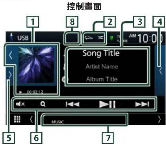 控制畫面 1 8 2 3 4 USB 00:02:12 Song Title Artist Name Album Title 5 6 7 MUSIC