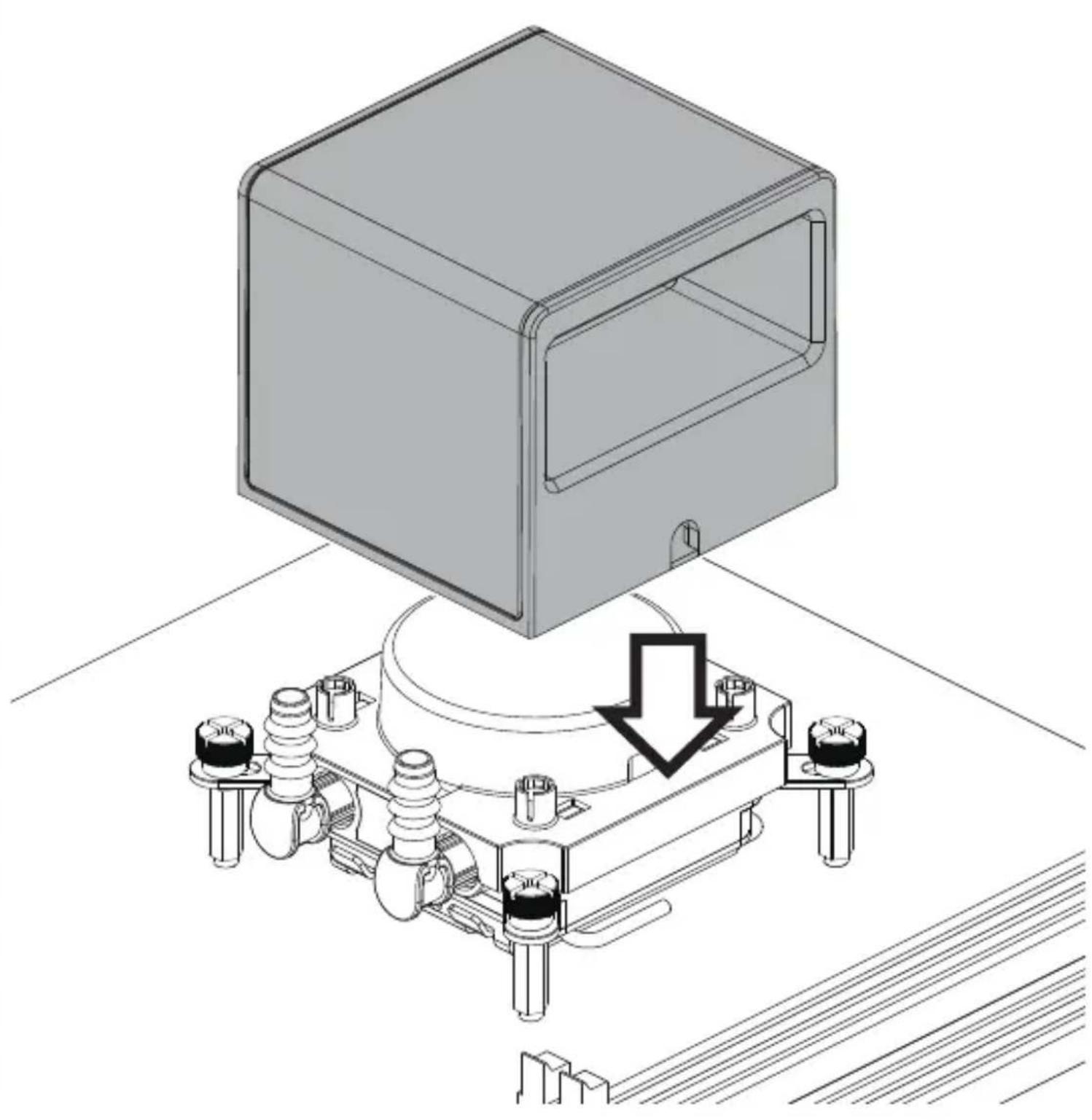 Technical illustration of an electrical enclosure mounted on a base with insulators and a downward arrow indicating a component (no text or symbols present)
