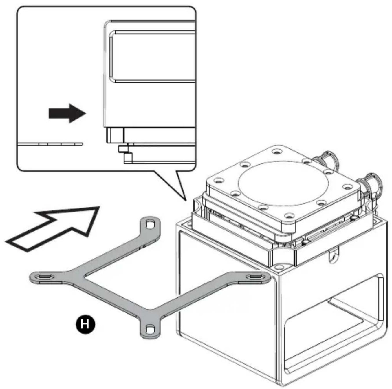 Technical diagram showing assembly of a mechanical component with labeled parts and directional arrow, including a magnified inset view.