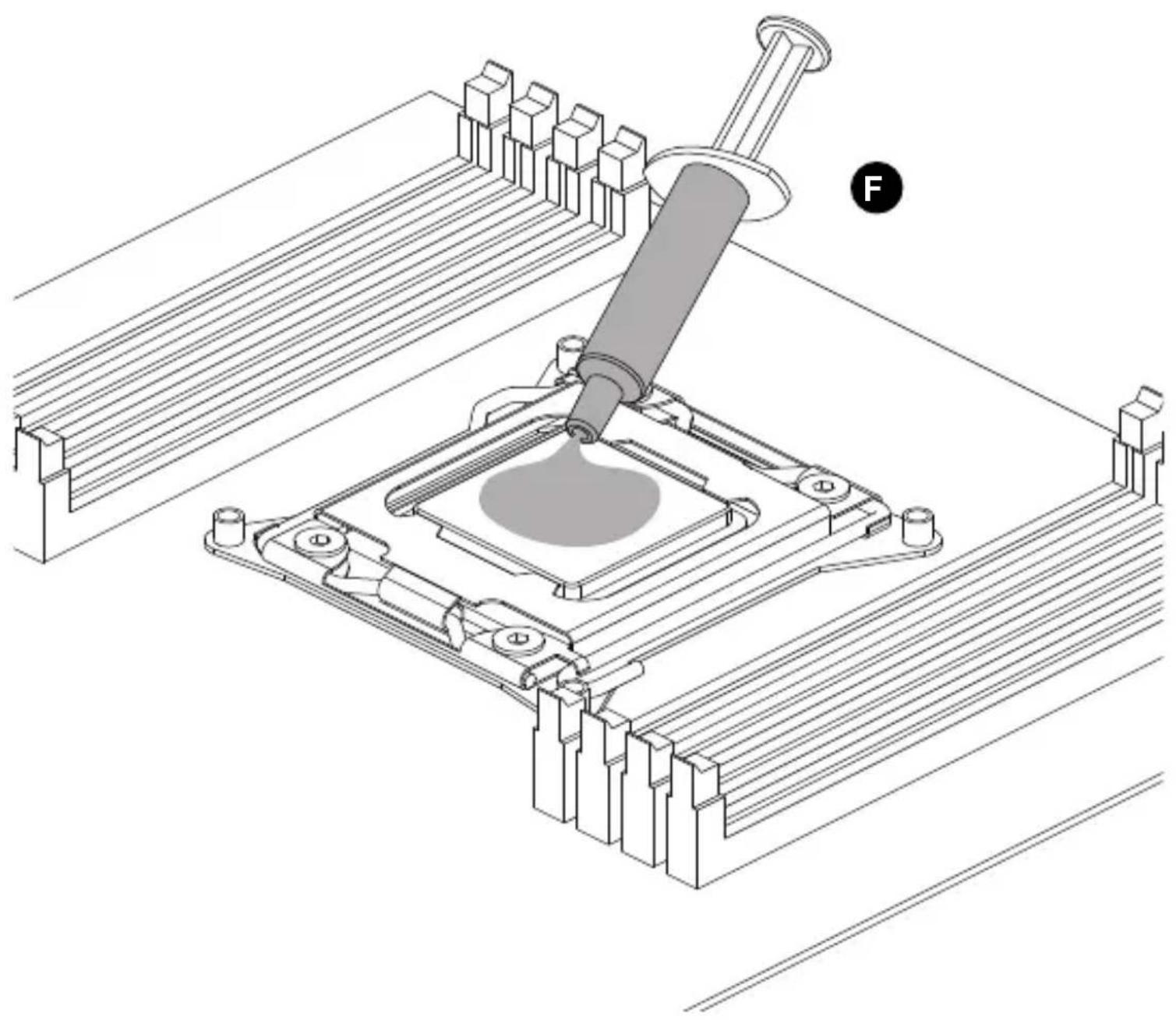 Technical line drawing of a mechanical assembly with a central tool and base components (no text or symbols)