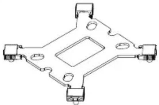 Technical line drawing of a mechanical component with four mounting holes and a central square cutout (no text or symbols)